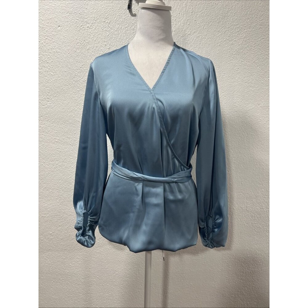 INC International Concepts Women's Blue Belted‎ Wrap Blouse Size PL Long sleeves